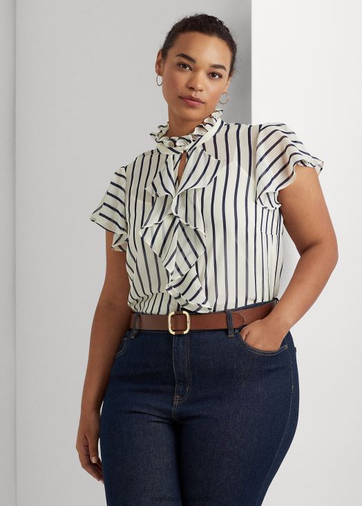 blouse en mousseline rayée à volants 46T60T4655 femmes Ralph Lauren parchemin crème/marine - Cliquez sur l'image pour la fermer