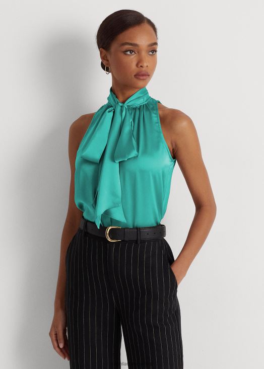 blouse sans manches en charmeuse à col noué 46T60T9525 femmes Ralph Lauren turquoise naturelle - Cliquez sur l'image pour la fermer