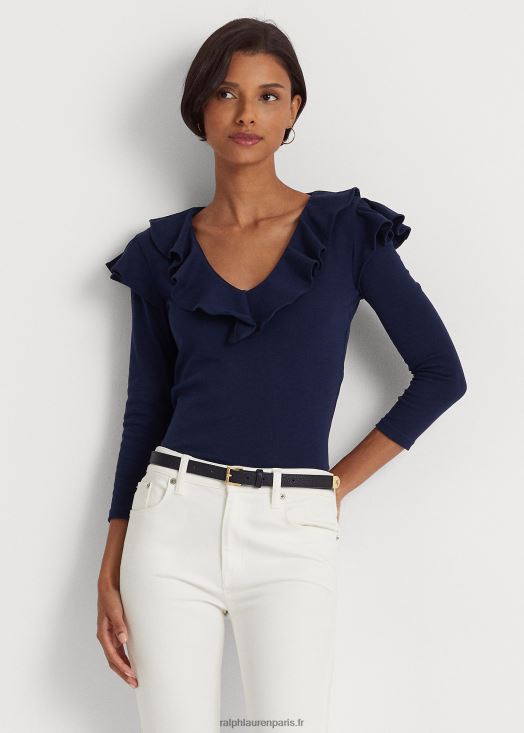 top col v en coton stretch bordé de volants 46T60T4038 femmes Ralph Lauren marine raffinée