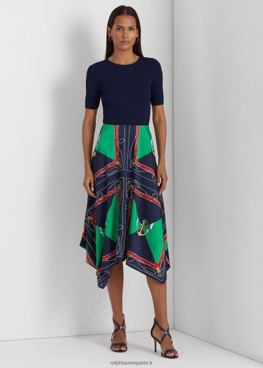 jupe mi-longue en sergé imprimé 46T60T4890 femmes Ralph Lauren marine/vert multi