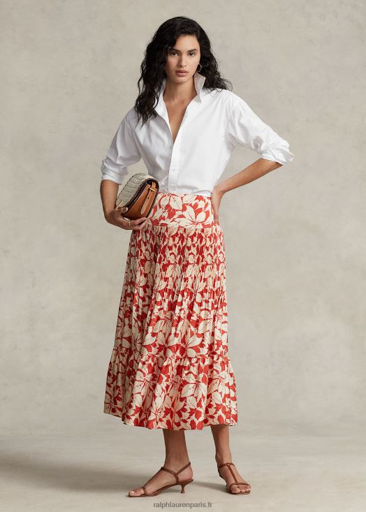 jupe mi-longue plissée en satin imprimé 46T60T3196 femmes Ralph Lauren impression de feuilles de bouleau