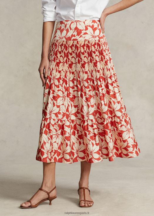 jupe mi-longue plissée en satin imprimé 46T60T3196 femmes Ralph Lauren impression de feuilles de bouleau