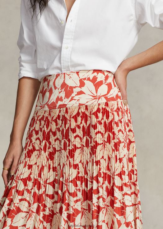 jupe mi-longue plissée en satin imprimé 46T60T3196 femmes Ralph Lauren impression de feuilles de bouleau