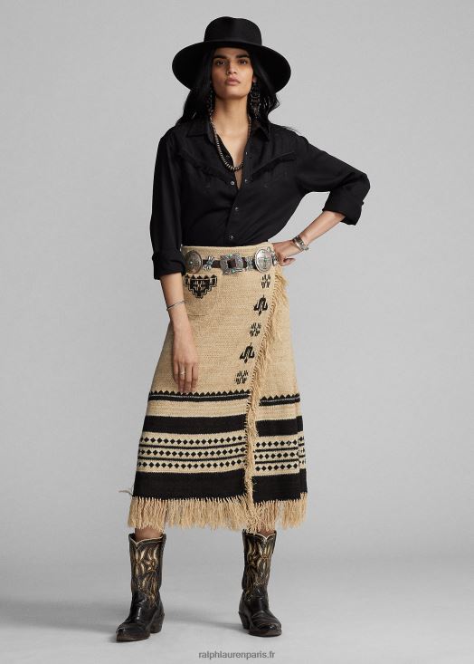 jupe portefeuille à franges en jacquard de lin et de soie 46T60T3617 femmes Ralph Lauren crème/noir