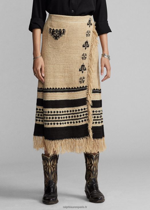 jupe portefeuille à franges en jacquard de lin et de soie 46T60T3617 femmes Ralph Lauren crème/noir