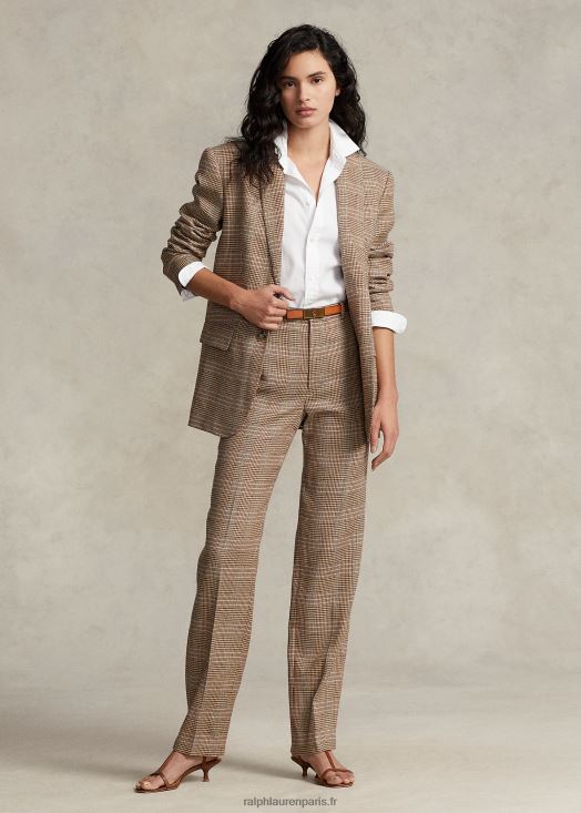 pantalon droit en tweed de laine et de lin à carreaux 46T60T3220 femmes Ralph Lauren plaid rose marron - Cliquez sur l'image pour la fermer