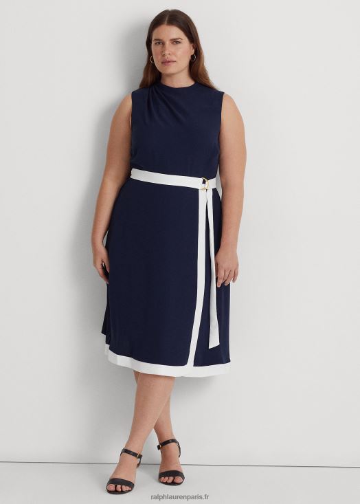 robe ceinturée à col montant en crêpe 46T60T4808 femmes Ralph Lauren raffiné marine/blanc - Cliquez sur l'image pour la fermer