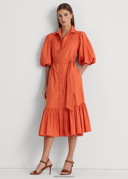 robe-chemise ceinturée en coton à manches boule 46T60T3816 femmes Ralph Lauren canyon orange - Cliquez sur l'image pour la fermer