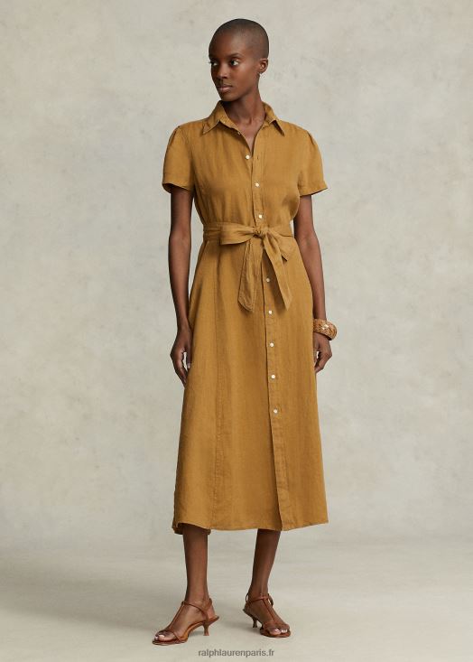 robe-chemise ceinturée en lin à manches courtes 46T60T2956 femmes Ralph Lauren café marron - Cliquez sur l'image pour la fermer