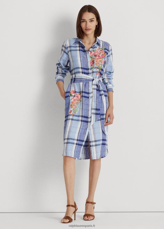 robe-chemise en lin à fleurs et à carreaux 46T60T4455 femmes Ralph Lauren bleu blanc - Cliquez sur l'image pour la fermer
