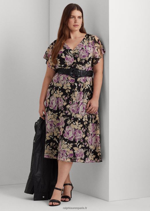 robe en georgette froissée à fleurs 46T60T4776 femmes Ralph Lauren noir/lavande/crème