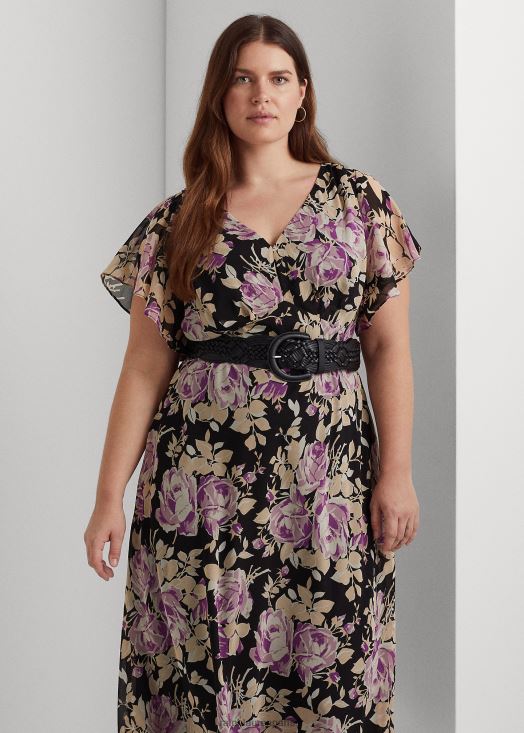 robe en georgette froissée à fleurs 46T60T4776 femmes Ralph Lauren noir/lavande/crème