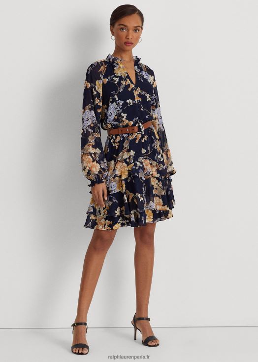 robe en georgette froissée à fleurs et à ceinture 46T60T4094 femmes Ralph Lauren marine multi