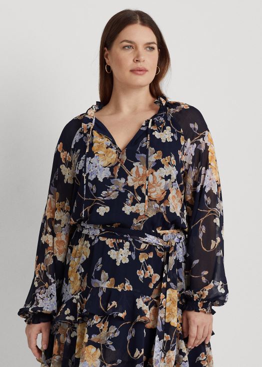 robe en georgette froissée à fleurs et à ceinture 46T60T4670 femmes Ralph Lauren marine multi