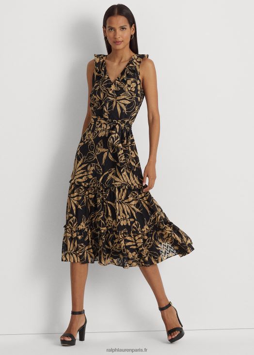 robe imprimée en georgette froissée 46T60T9506 femmes Ralph Lauren noir/beige - Cliquez sur l'image pour la fermer