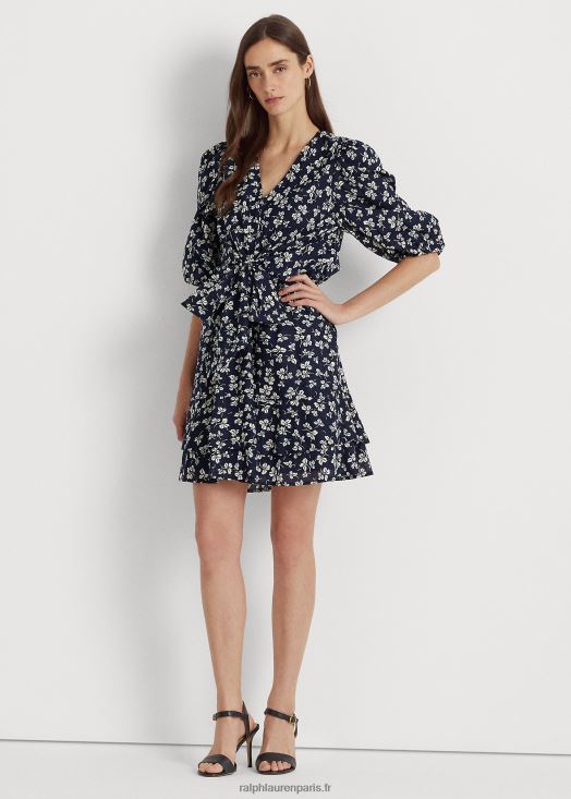 robe imprimée à manches bouffantes en coton 46T60T4044 femmes Ralph Lauren marine/crème - Cliquez sur l'image pour la fermer