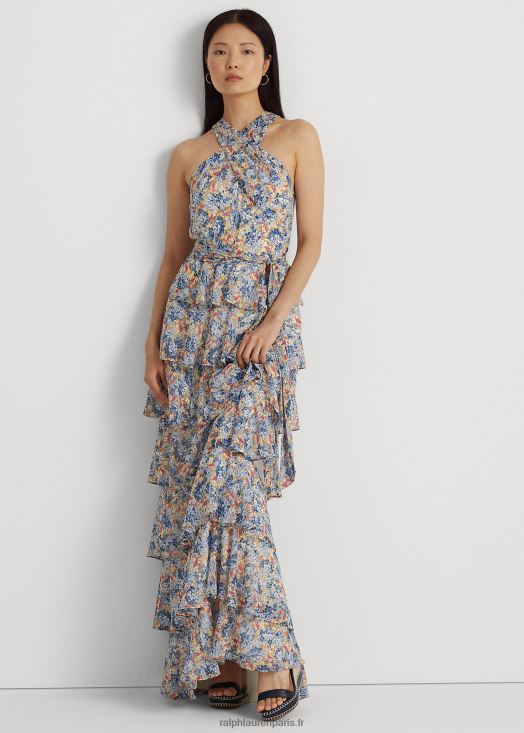 robe longue dos nu en georgette froissée à fleurs 46T60T3982 femmes Ralph Lauren multi bleu/rose - Cliquez sur l'image pour la fermer