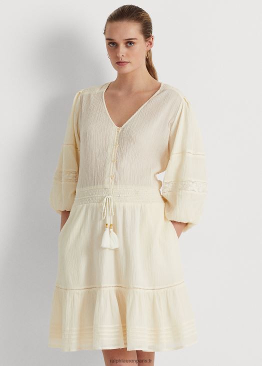 robe à manches blouson en coton froissé 46T60T4099 femmes Ralph Lauren crème de mascarpone