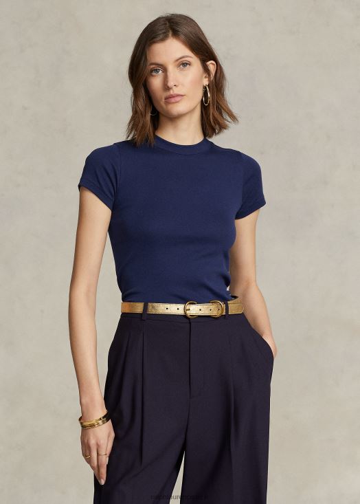 t-shirt en coton côtelé 46T60T2878 femmes Ralph Lauren marine de newport