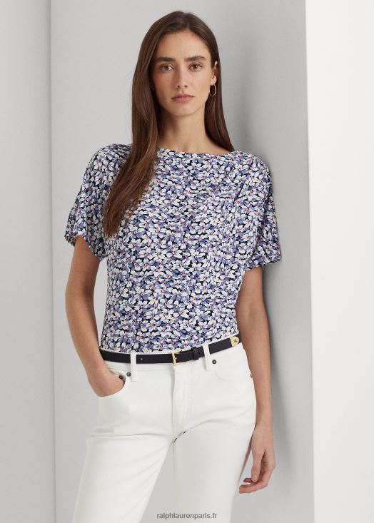 t-shirt en jersey stretch plissé à fleurs 46T60T3960 femmes Ralph Lauren bleu/crème/rose - Cliquez sur l'image pour la fermer