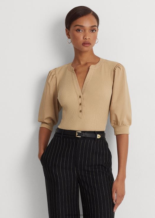 t-shirt henley en coton mélangé à manches bouffantes 46T60T4885 femmes Ralph Lauren