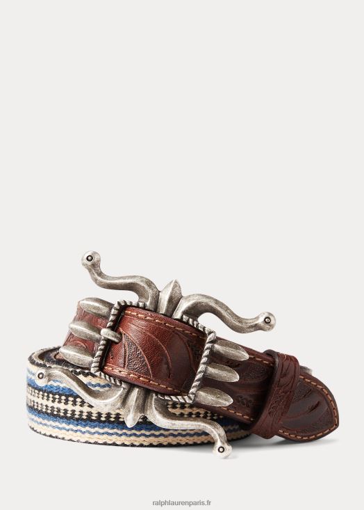 ceinture en cuir et jacquard tissé à la main 46T60T2229 Hommes Ralph Lauren crème multi/marron