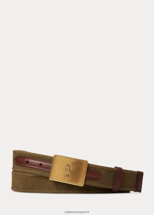 ceinture en cuir et toile à plaque poney 46T60T2400 Hommes Ralph Lauren baldaquin olive/marron