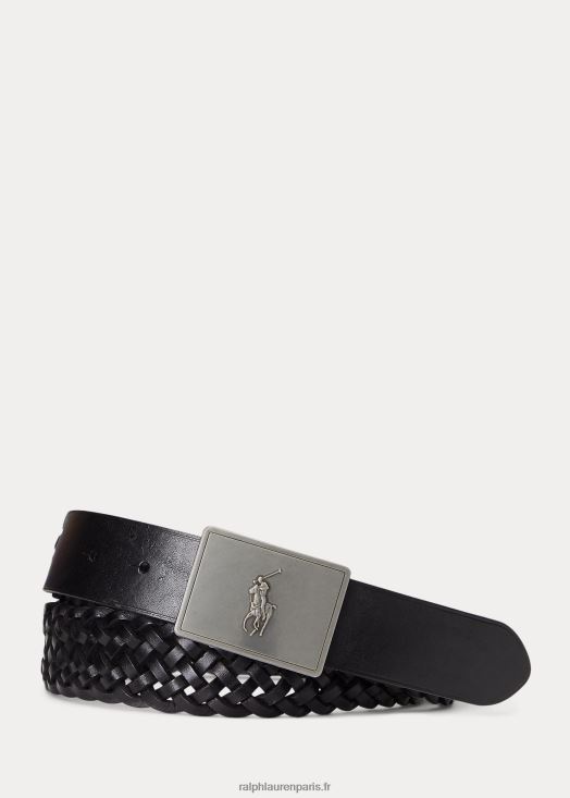 ceinture en cuir tressé à plaque poney 46T60T2407 Hommes Ralph Lauren noir