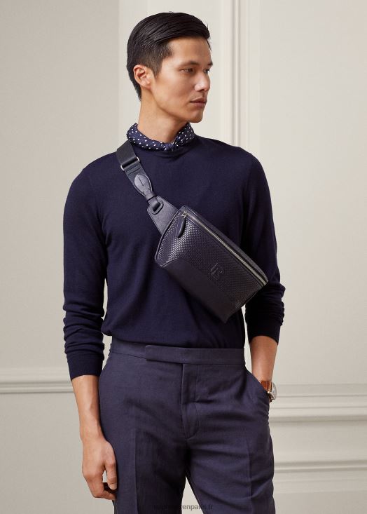 sac banane en cuir de veau à empiècements tissés 46T60T8961 Hommes Ralph Lauren président de la marine