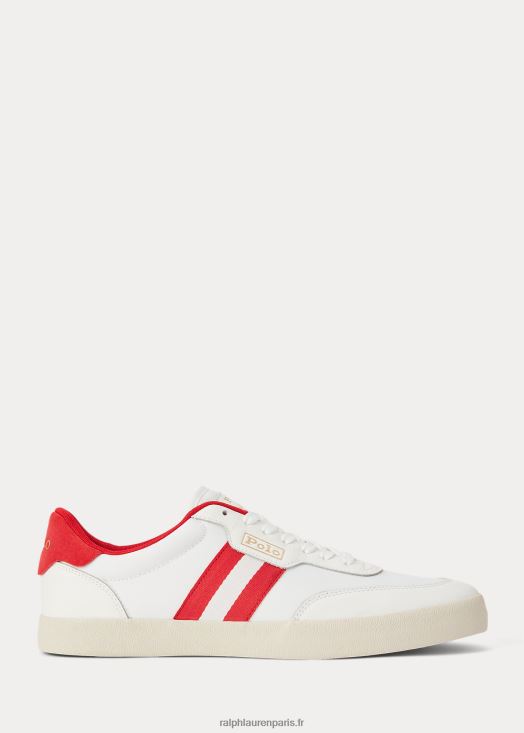 baskets basses à empiècements en cuir court 46T60T1982 Hommes Ralph Lauren blanc cassé/rouge