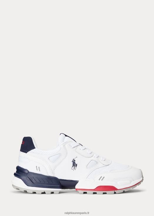sneaker jogger en cuir et filet 46T60T1968 Hommes Ralph Lauren blanc/marine newport/rouge