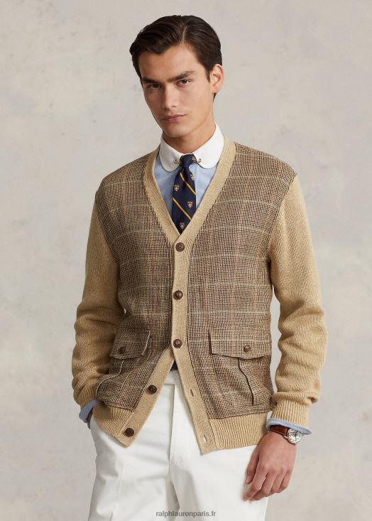 cardigan en lin et soie à carreaux Prince de Galles 46T60T147 Hommes Ralph Lauren bronzage multiple