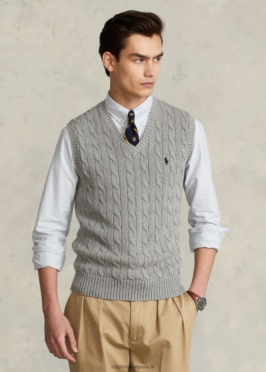 gilet pull en coton à torsades 46T60T505 Hommes Ralph Lauren gris fauve chiné - Cliquez sur l'image pour la fermer