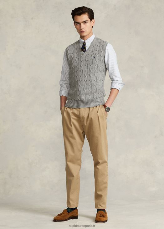 gilet pull en coton à torsades 46T60T505 Hommes Ralph Lauren gris fauve chiné