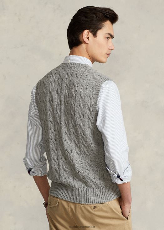 gilet pull en coton à torsades 46T60T505 Hommes Ralph Lauren gris fauve chiné