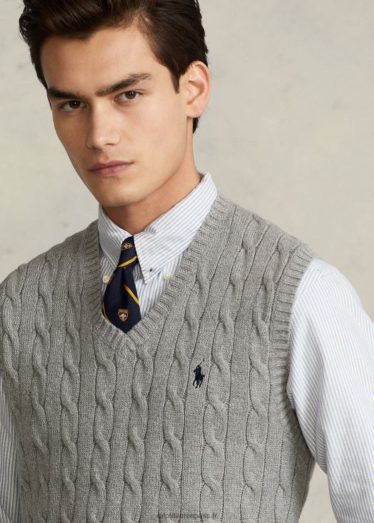 gilet pull en coton à torsades 46T60T505 Hommes Ralph Lauren gris fauve chiné