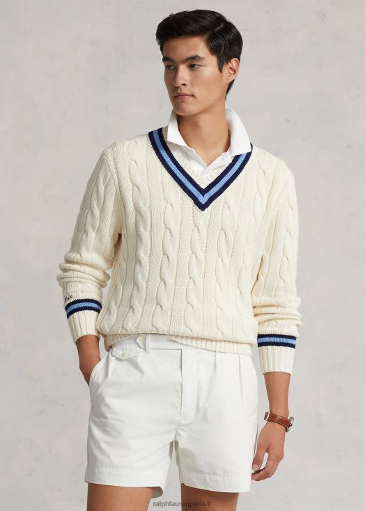 le chandail de cricket emblématique 46T60T8380 Hommes Ralph Lauren crème avec rayure marine