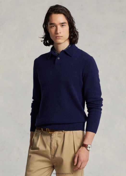 pull col polo en cachemire 46T60T139 Hommes Ralph Lauren bleu marine brillant