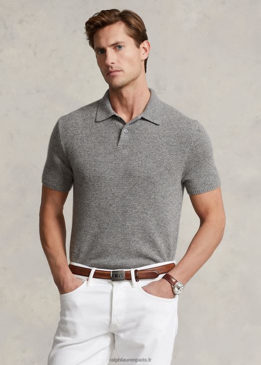 pull col polo en cachemire 46T60T489 Hommes Ralph Lauren gris fauve chiné