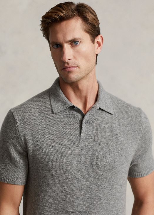 pull col polo en cachemire 46T60T489 Hommes Ralph Lauren gris fauve chiné