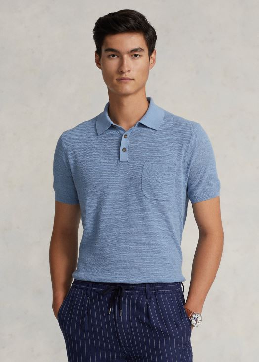 pull col polo en coton et lin 46T60T405 Hommes Ralph Lauren canal bleu