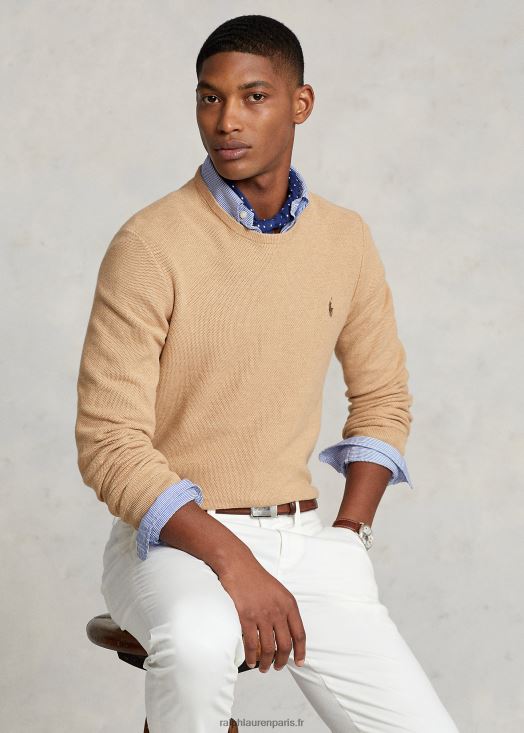 pull à col rond en maille de coton 46T60T673 Hommes Ralph Lauren chameau mélange