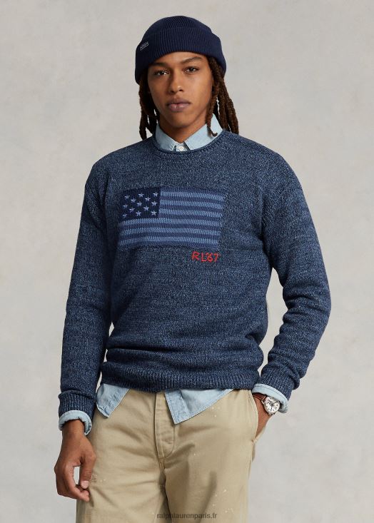 pull à col roulé en coton à drapeau 46T60T1085 Hommes Ralph Lauren bleu chiné