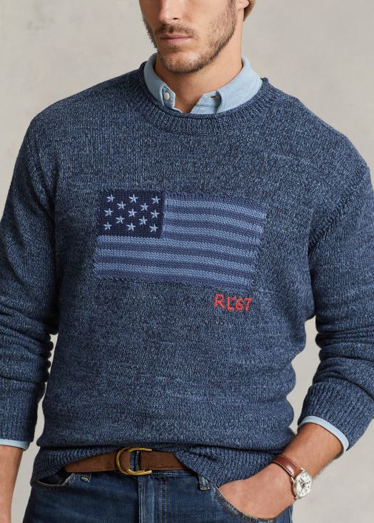 pull à col roulé en coton à drapeau 46T60T1807 Hommes Ralph Lauren bleu chiné