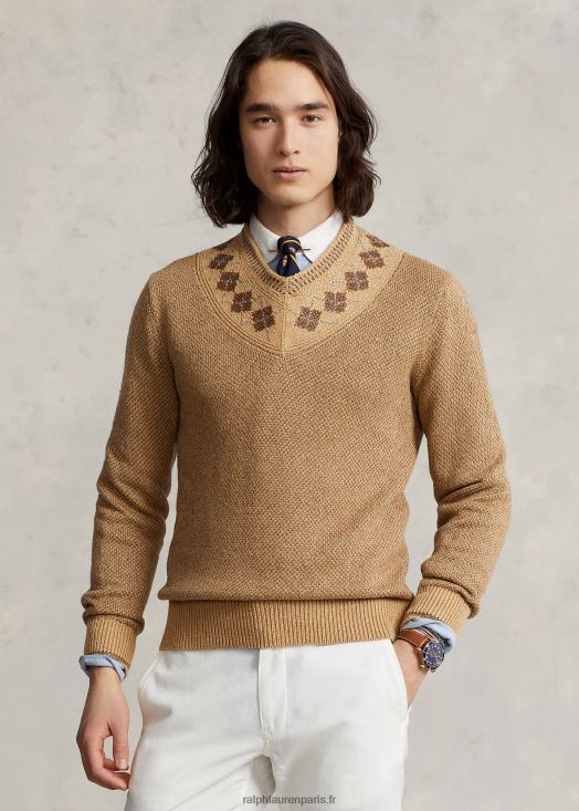 pull cricket en lin et soie à bordure losanges 46T60T8441 Hommes Ralph Lauren bronzage multiple