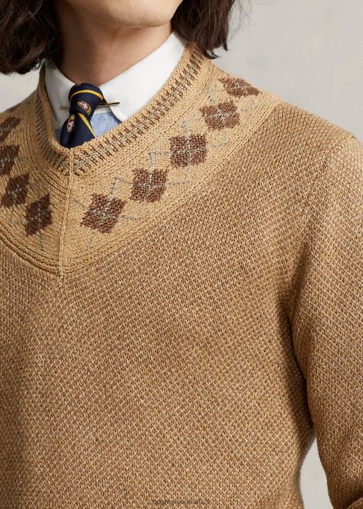 pull cricket en lin et soie à bordure losanges 46T60T8441 Hommes Ralph Lauren bronzage multiple