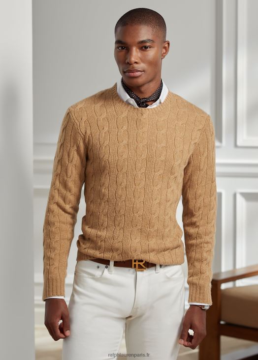 pull en cachemire à torsades 46T60T70 Hommes Ralph Lauren chameau mélange