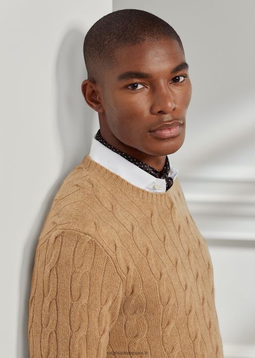 pull en cachemire à torsades 46T60T70 Hommes Ralph Lauren chameau mélange