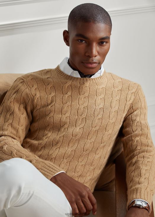 pull en cachemire à torsades 46T60T70 Hommes Ralph Lauren chameau mélange