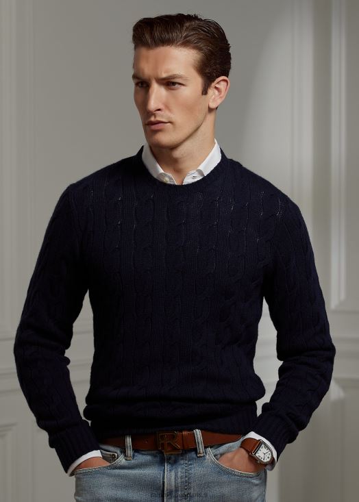 pull en cachemire à torsades 46T60T72 Hommes Ralph Lauren président classique marine